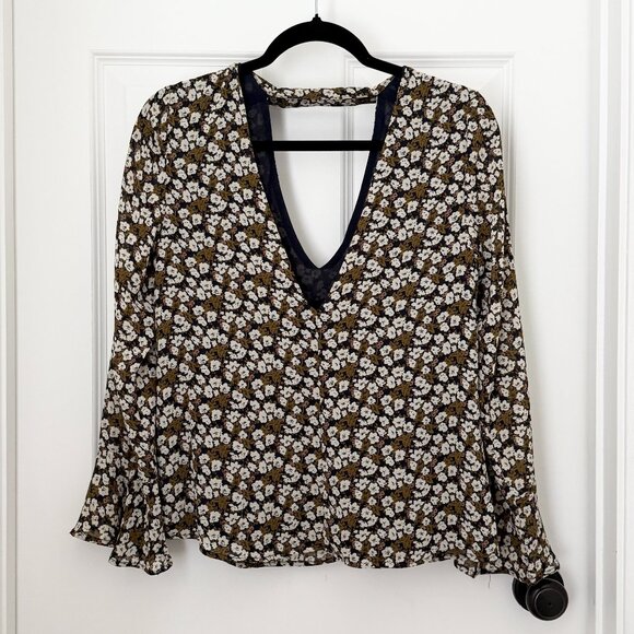 Women Fluter by Dance & Marvel Floral Deep V-neck Blouse in White Mustard Small - Picture 1 of 10